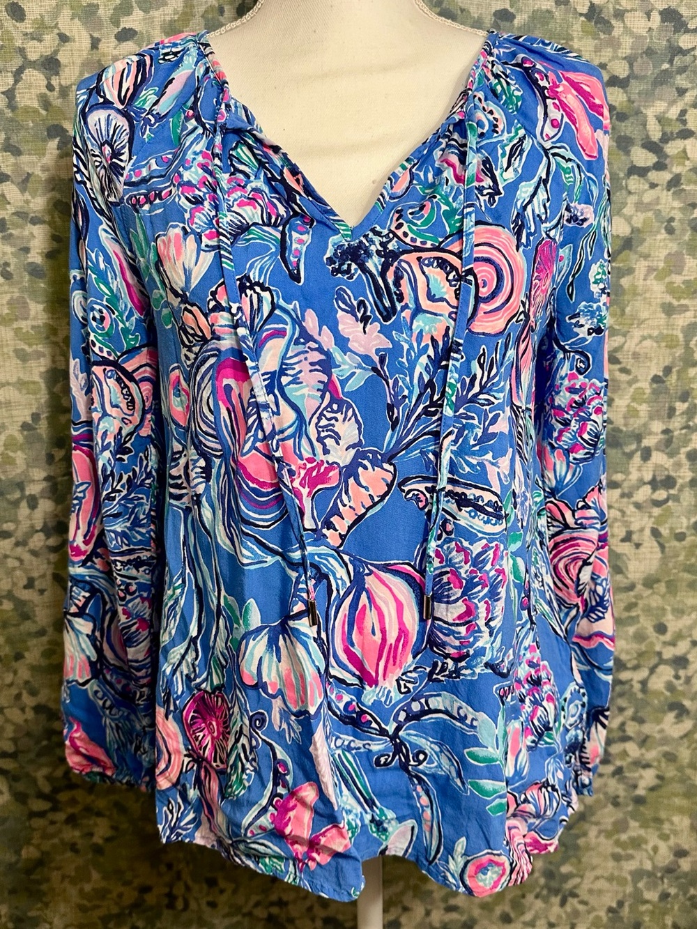 Lilly Pulitzer Blue Pink Ocean Print Tassel Blouse Size S
